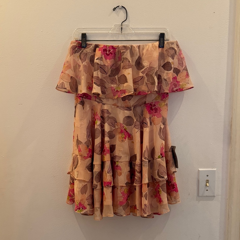 Lulu's Beige Floral Strapless Tiered Dress with Pink Accents